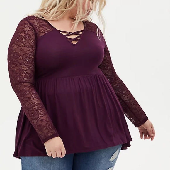 TORRID - SUPER SOFT & LACE GRAPE PURPLE LATTICE BABYDOLL TOP - Size 00X - NWT - Picture 2 of 7